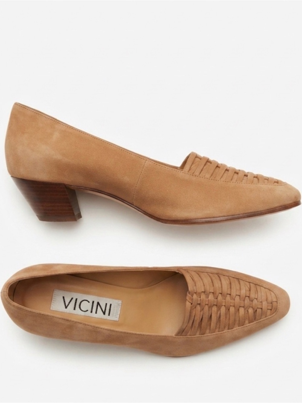 Vicini Italian Suede Woven Block Heel Loafers Tan size 9.5 us 9